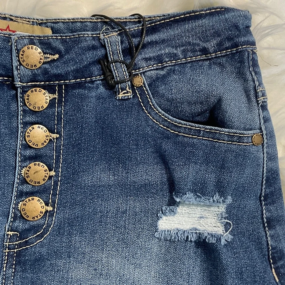 Red Star Button-Front Medium Blue Distressed Denim Mini Skirt Size 2 - Picture 4 of 16